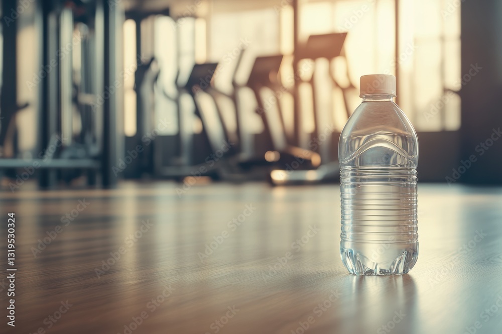 Aufkleber transparent water bottle resting on gym floor in bright environment with ample space for text and cl