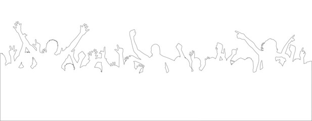 Contour of cheerful crowd people, crowd of people silhouette, happy young group party people together, cheerful fans, cheering crowd on concert or sport event