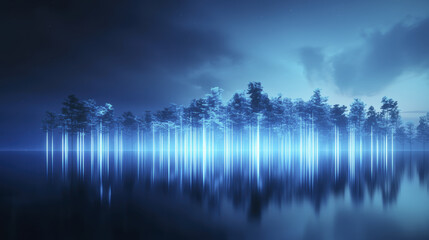 Fototapeta premium serene floating forest illuminated by blue light, reflecting on water