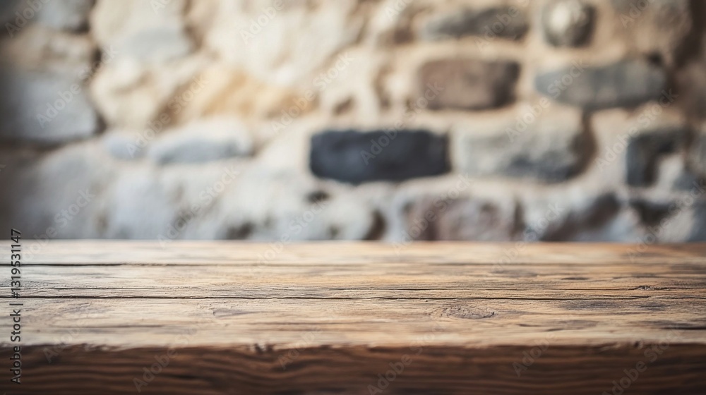 Aufkleber richly textured brown wooden table stands empty, illuminated by soft light, set against an aged ston