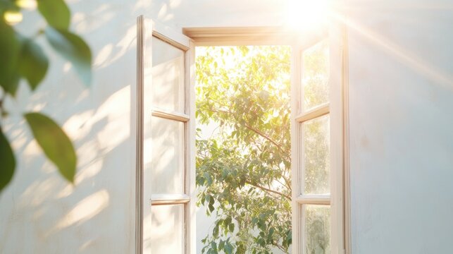 open casement window revealing tranquil garden soft sunlight highlighting rustic charm of frame