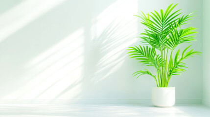 Vibrant indoor potted plant casting soft shadows in minimalist bright room with natural light ambiance