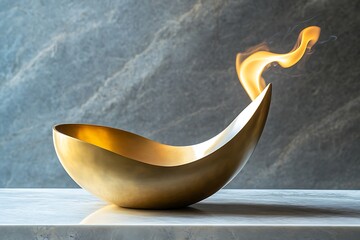 Golden Abstract Bowl with Flame - Modern Decorative Art