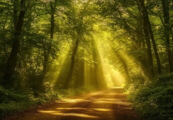 Fototapeta premium Serene forest scene with sun rays streaming through dense trees creating a magical atmosphere on a peaceful dirt path in a tranquil environment