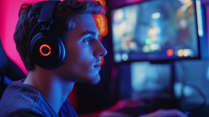 Obraz premium A young gamer with headphones playing a video game. 