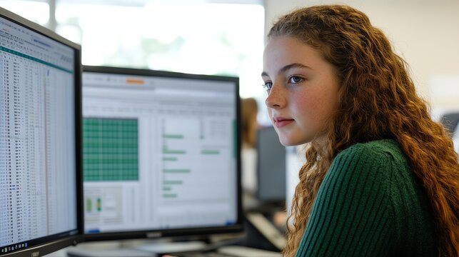 Young beauty woman learning advanced Excel techniques through an online productivity workshop.