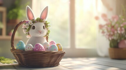 Festive Easter composition with a cute 3D bunny wearing a tiny floral wreath sitting next to a wicker basket filled with vibrant painted eggs. Created with generative AI.