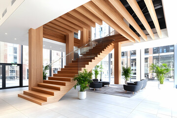 Modern lobby with wooden staircase glass railings plush seating and large windows offering city views