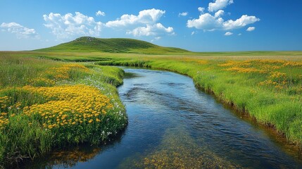 Serene meadow stream under a vibrant sky