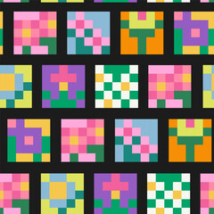 Fototapeta premium Various 8bit square Flowers. Pixel Art, retro video game, embroidery style. Hand drawn modern Vector illustration. Embroidered cross stitch, Vintage 90s gaming concept. Square seamless Pattern