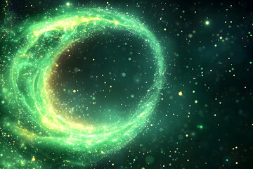 Green sparkling swirl in dark space glittering particles