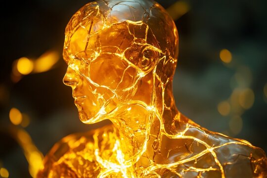 Golden Man Bust: Abstract Glowing Amber Figure with Veins and Cracks
