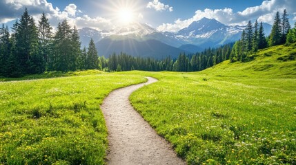 Fototapeta premium Serene Mountain Landscape with Pathway Through Lush Meadow