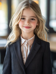 Fototapeta premium A dream of kids Concept Portrait of a Confident Caucasian Teen in a Sharp Office Suit, Radiating Intelligence and Warmth with a Professional Look in a Modern Glass-Walled Office Setting