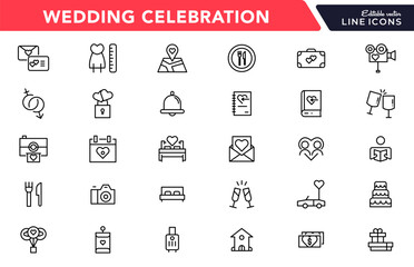 Wedding line icons set collection. Love beauty celebration wedding couple bride marriage flat icon pack. UI flat icons collection. Thin outline icons pack
