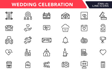 Wedding line icons set collection. Love beauty celebration wedding couple bride marriage flat icon pack. UI flat icons collection. Thin outline icons pack
