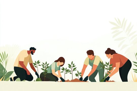 capture joyful portrait of diverse individuals planting saplings in serene park setting to celebrate arbor day people