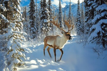 Obraz premium Majestic Reindeer Walking through Snowy Forest Landscape in Winter