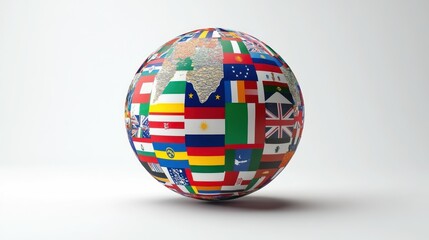 Flags form sphere showing earth continents. Conceptual design. Studio shot on white background
