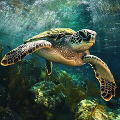 Obraz premium Graceful sea turtle swimming through coral reef underwater wildlife photography vibrant marine environment close-up ocean conservation