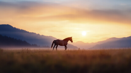 majestic horse stands in serene landscape at sunset, surrounded by mountains and mist. warm colors evoke sense of tranquility and beauty