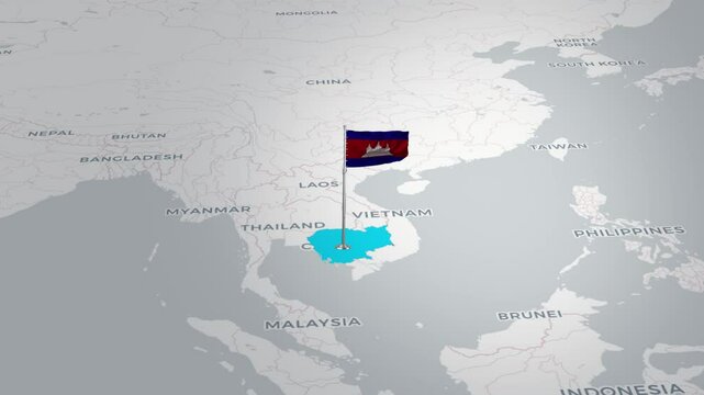 Cambodia map animation. The Cambodia flag flies majestically over a detailed Liberia map.