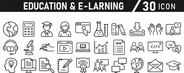 Fototapeta premium Education and E-Learning icon set. Tuition, e-learning, Batch, educational tools, and digital education icons. Solid icon collection.