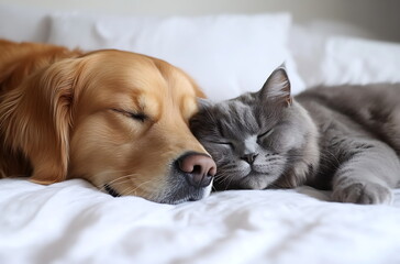 Obraz premium Golden Retriever and British Shorthair Cat Cute