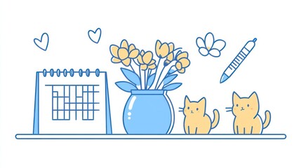 Cute cats, flowers, calendar on shelf; spring desktop