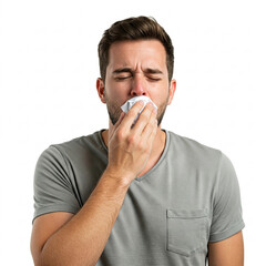 A man with a cold, sneezing