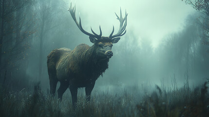 Majestic stag standing in a misty forest, surrounded by tall grass and ethereal atmosphere