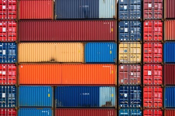 Stacked Shipping Cargo Freight Container. Stacked Cargo Shipping Containers Global Trade Logistics. Stack of Cargo Containers. Global Cargo  import and Export Logistics Concept with Copy Space. 