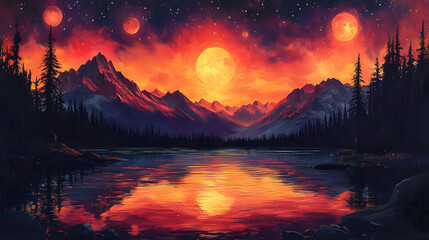 Majestic sunset over a serene lake, with vibrant colors reflecting off the water and mountains