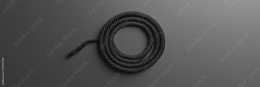 Aufkleber Neatly coiled black jump rope resting on a smooth grey surface in a minimalist setting with ample negative space