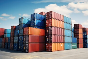 Stacked Shipping Cargo Freight Container. Stacked Cargo Shipping Containers Global Trade Logistics. Stack of Cargo Containers. Global Cargo  import and Export Logistics Concept with Copy Space. 