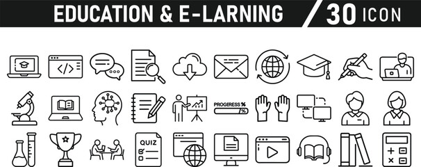 Education and E-Learning icon set. Tuition, e-learning, Batch, educational tools, and digital education icons. Solid icon collection.