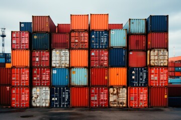 Fototapeta premium Stacked Shipping Cargo Freight Container. Stacked Cargo Shipping Containers Global Trade Logistics. Stack of Cargo Containers. Global Cargo import and Export Logistics Concept with Copy Space. 