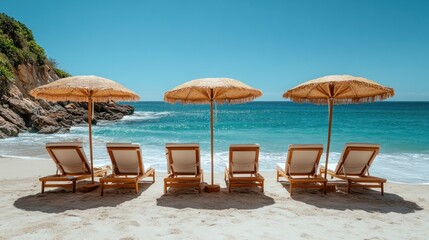 Obraz premium Empty beach chairs and umbrellas on a pristine white sand beach, turquoise ocean