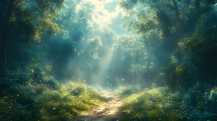 Serene forest path illuminated by soft sunlight, surrounded by lush greenery and distant trees