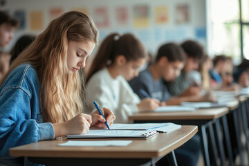 Fototapeta premium Students engaged in focused examination in a classroom setting