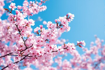 Obraz premium Cherry blossom branches with pink flowers against a vibrant blue sky, showcasing springtime beauty and nature's elegance. Ai generative