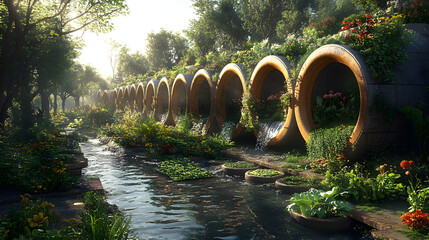 Serene garden landscape featuring vibrant flowers and flowing water through decorative pipes