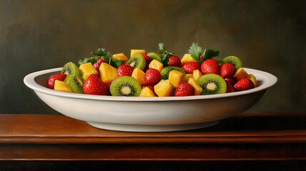 Vibrant fruit salad bowl kitchen counter food photography warm lighting close-up healthy eating inspiration