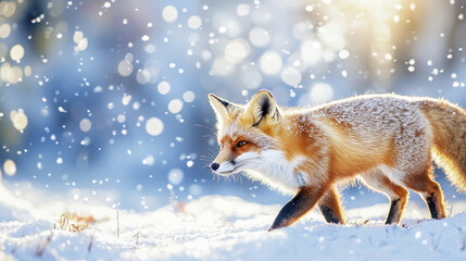 Obraz premium red fox walking through snowy landscape, surrounded by falling snowflakes, creating serene winter scene