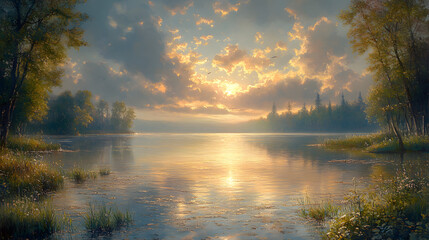 Serene sunset over a tranquil lake, reflecting vibrant clouds and lush greenery