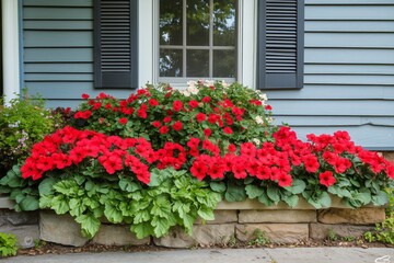 Fototapeta premium Colorful Flowers in Planters Lining the Cobblestone Path of a Rustic Building Exterior