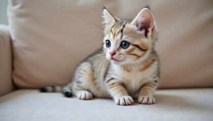 The tiny kitten with soft fur and bright eyes sits gingerly on the plush sofa, fixating on you with an adoring gaze filled with playful affection.
