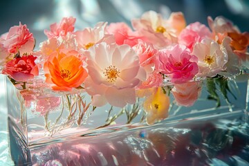 Floral Arrangement of Pink, Orange, Red Roses Floating in Clear Glass Container with Reflections in Water