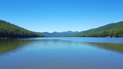 Fototapeta premium Serene lake surrounded by lush green mountains under a clear blue sky, reflecting tranquility