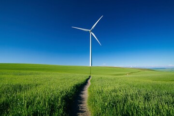 Fototapeta premium Wind turbine stands tall in a lush green field under a clear blue sky. Renewable energy technology on the horizon.
